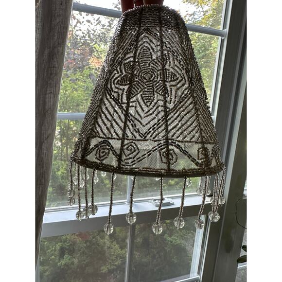 Beaded Lamp Shade Fringed gray small floral mesh 6x6x2.5” Victorian - Picture 2 of 14